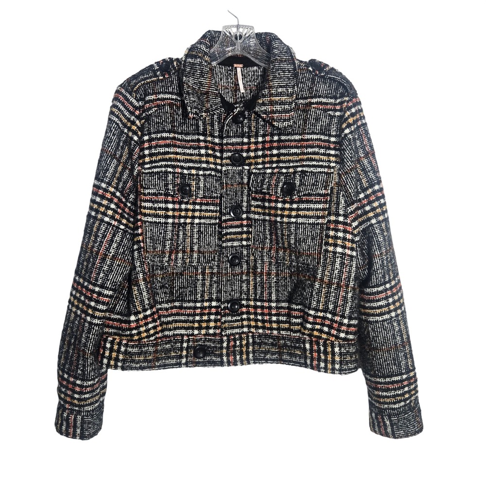 Free People Plaid Tweed‎ Jacket Button Front Black Orange Womens Large Cropped
